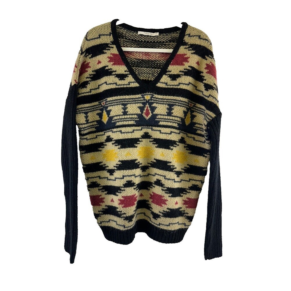Tequila Solo Wool Mohair Sweater V-Neck Southwest Pattern Oversized Womens Small
